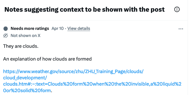 An example of deflection in Community Notes on X saying they are clouds. 